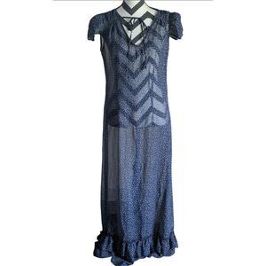 Isenboye L Blue Tiny Floral Print Sheer Maxi Dress